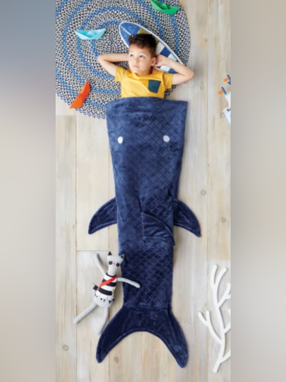 Pillowfort Soft Plush Shark Tail Wearable Blanket, Youth Navy Blue